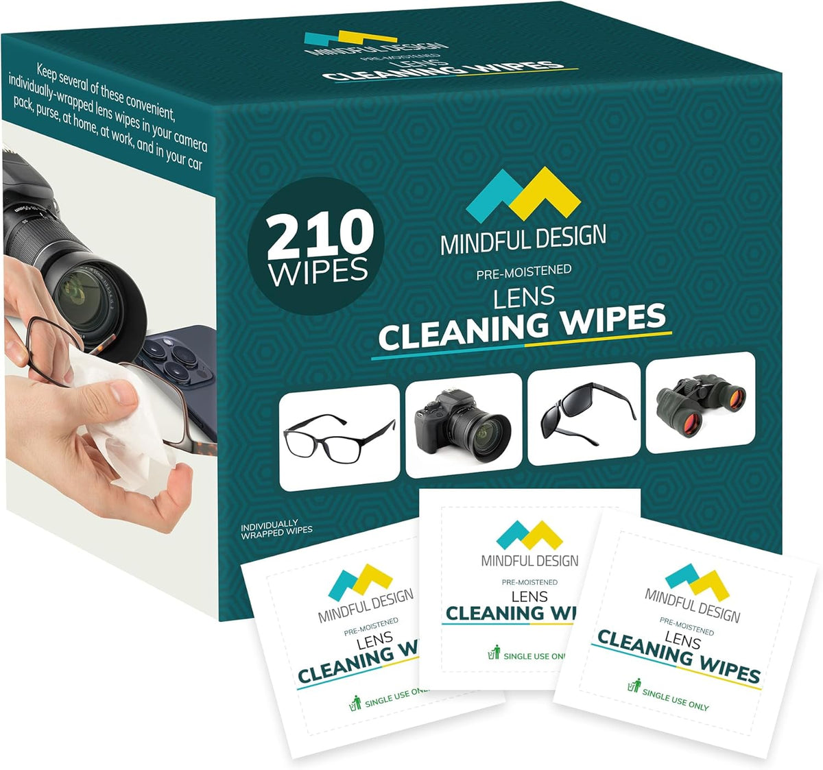 Mindful Design Lens Cleaning Wipes for Eyeglasses, 210ct - Individually Wrapped, Eye Glass