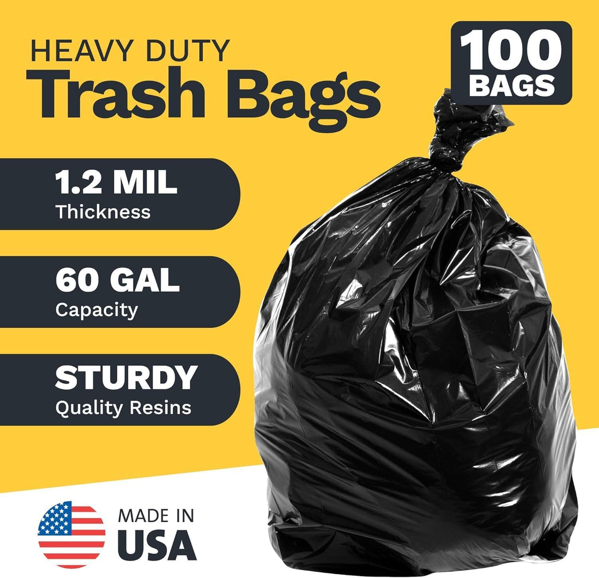 ToughBag 55 Gallon Trash Bags Heavy Duty (100 Count) - 50-60 Gallon Black Garbage Bags, Large Trash