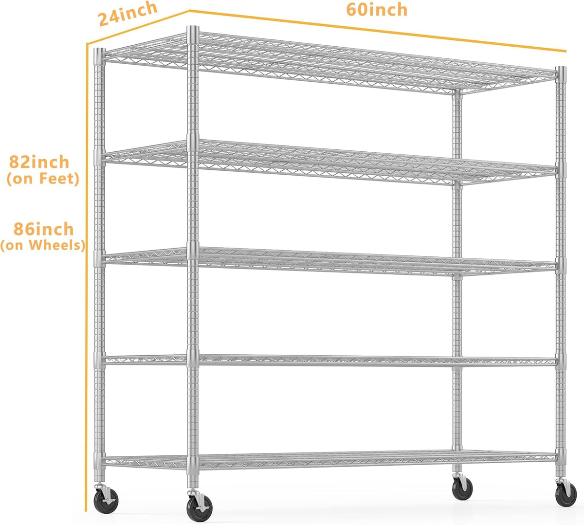 Himimi 60" W Storage Shelves, 5-Tier Wire Shelving with Wheels 3250LBS Heavy Duty Metal Shelves for