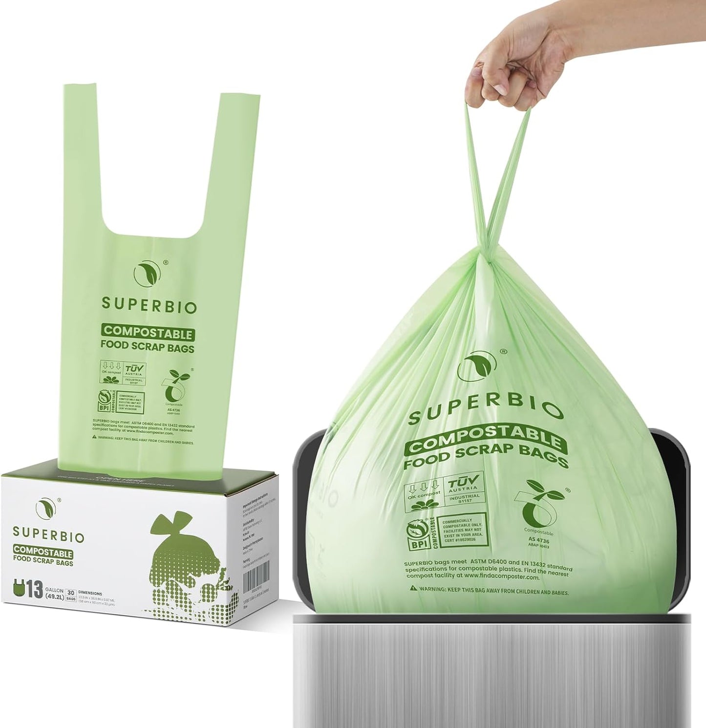 SUPERBIO 13 Gallon Compostable Kitchen Waste Bags with Handles, Food Scrap Bags Certified by BPI