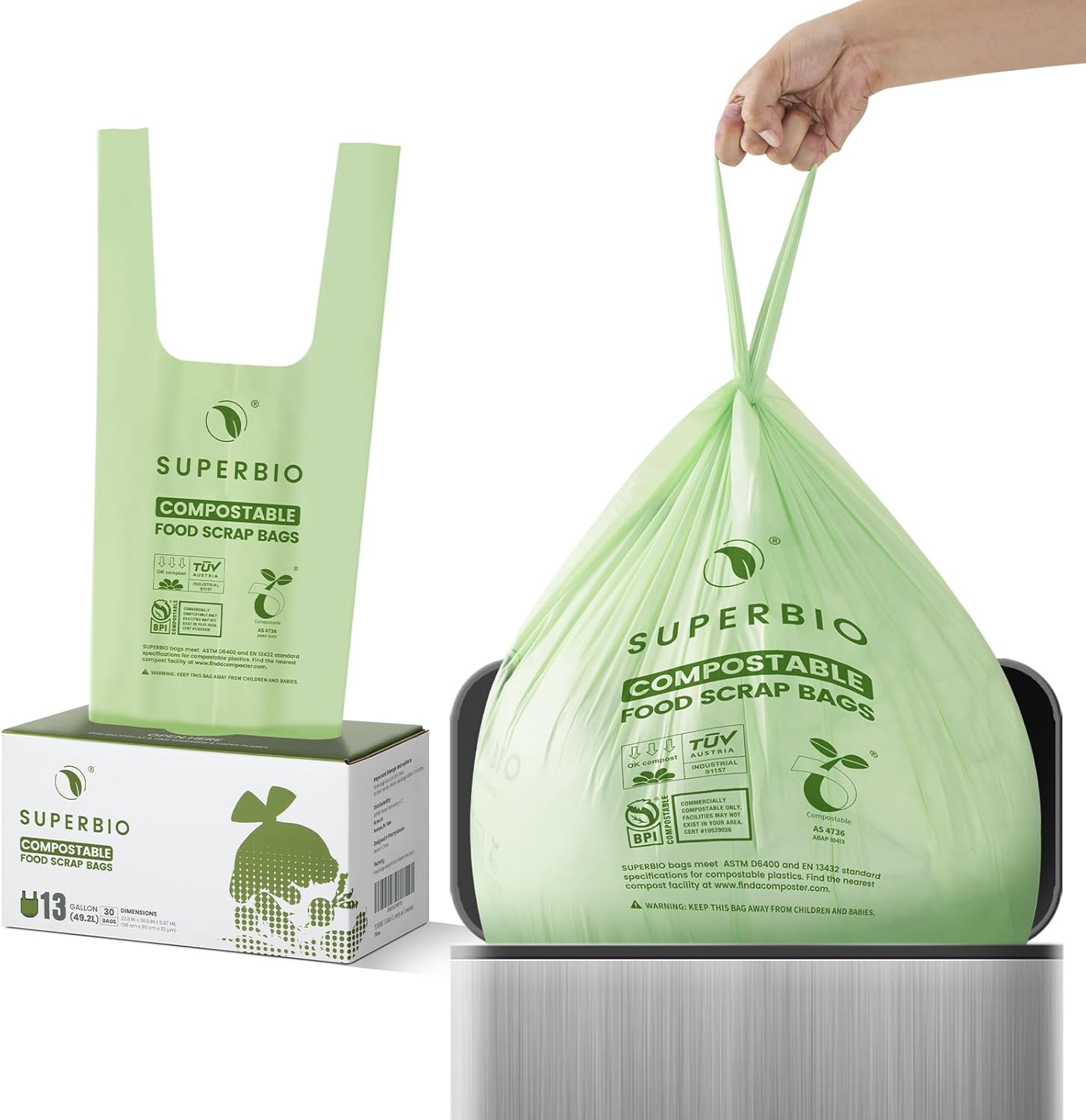 SUPERBIO 13 Gallon Compostable Kitchen Waste Bags with Handles, Food Scrap Bags Certified by BPI