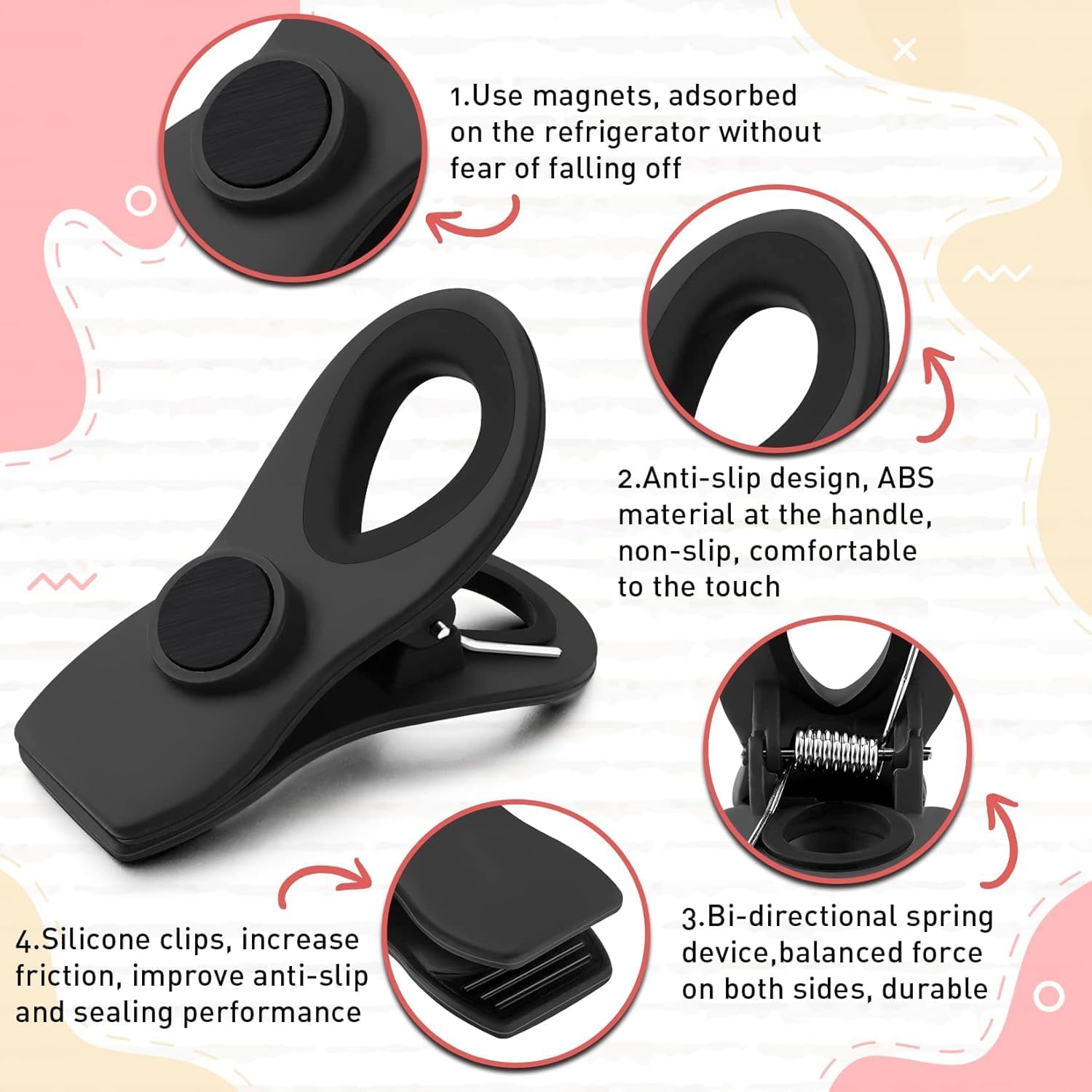 FINDMAG 24 Pack Magnetic Chip Clips for Food Storage, Plastic Bag Clips with Strong Magnet for