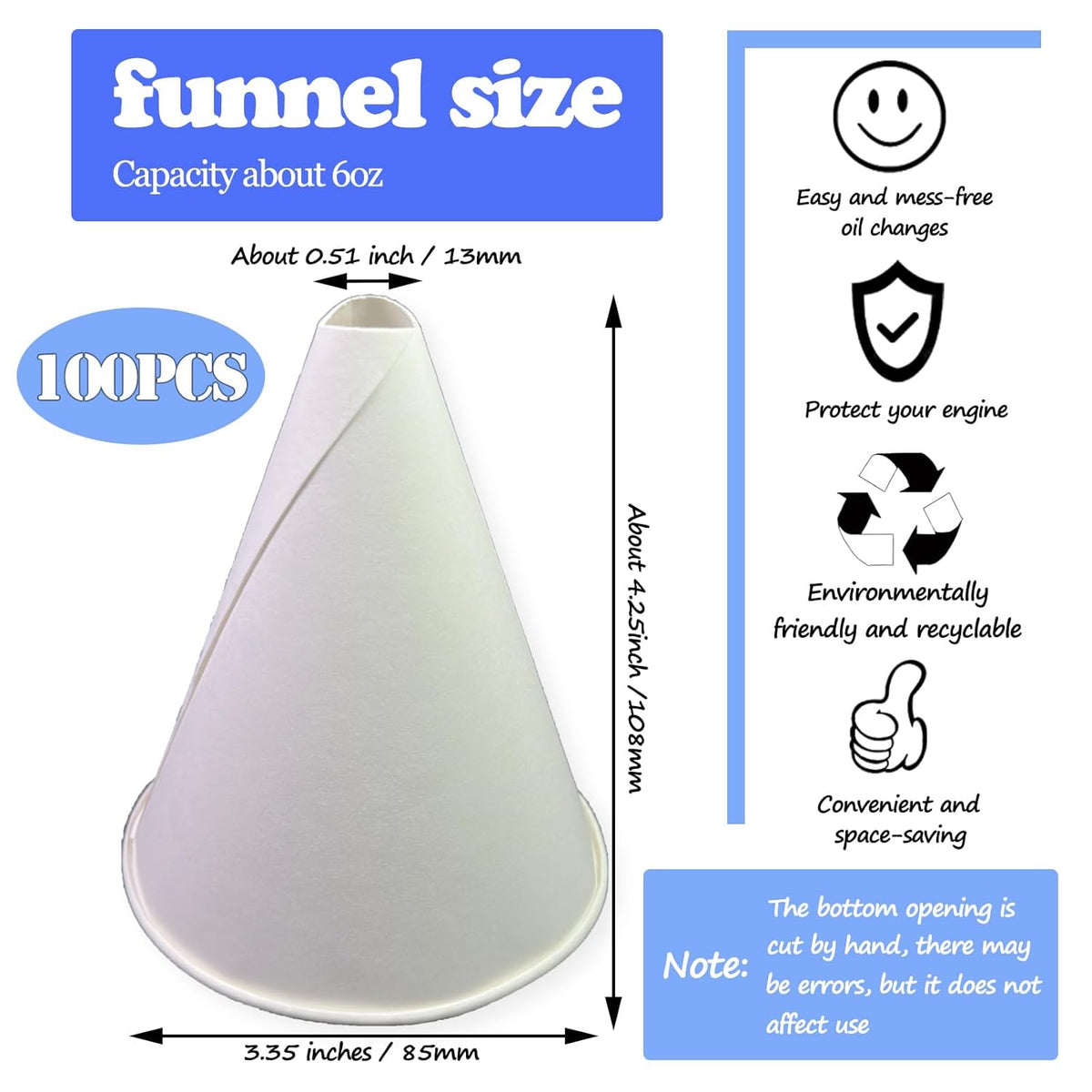 100 Pcs Paper funnels for Motor Oil 6oz Disposable Engine Oil Funnels Paper Funnel for Dispensers