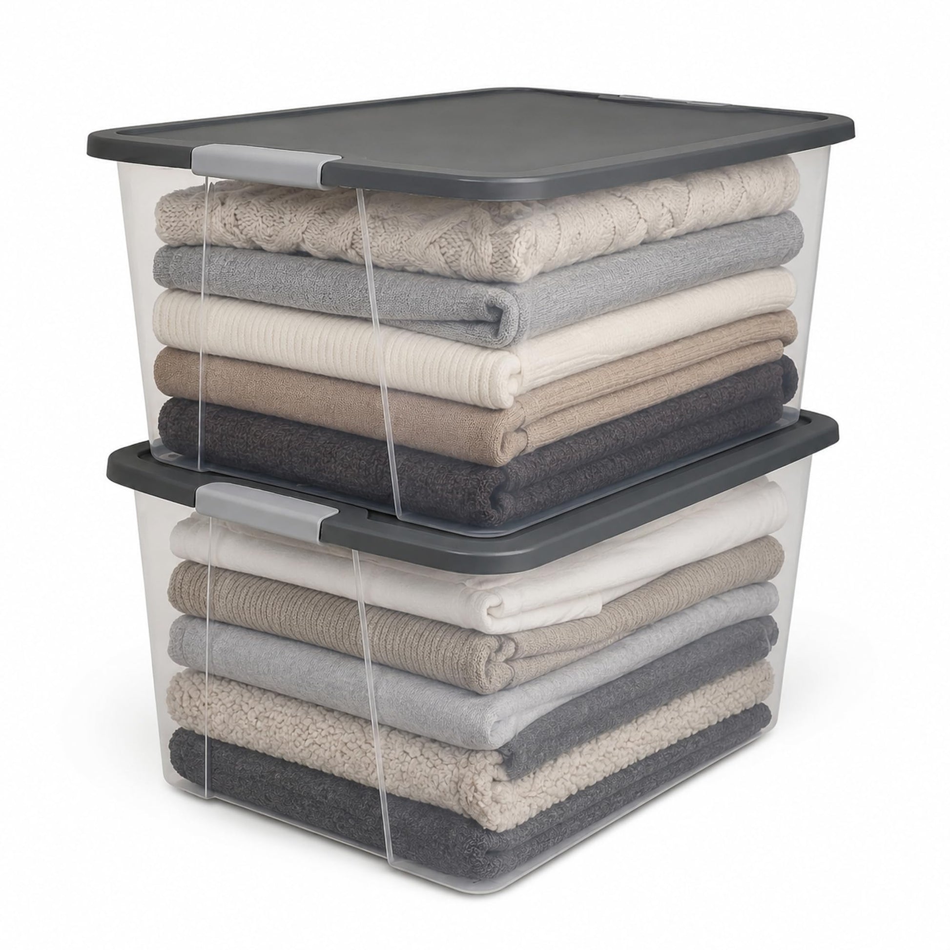 HOMZ Clear Plastic Storage Bin with Secure Latching Gray Lid, 64 Qt, 2 Pack