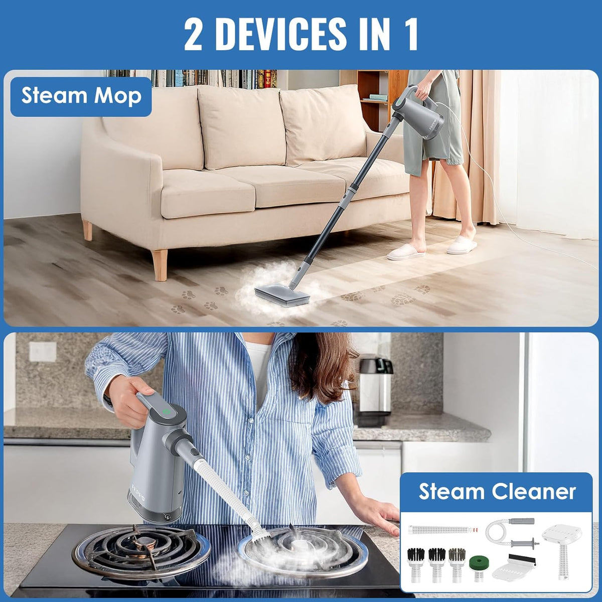 FEPPO Steam Mop with Detachable Handheld Steam Cleaner for Home and Floor Cleaning, 10-in-1