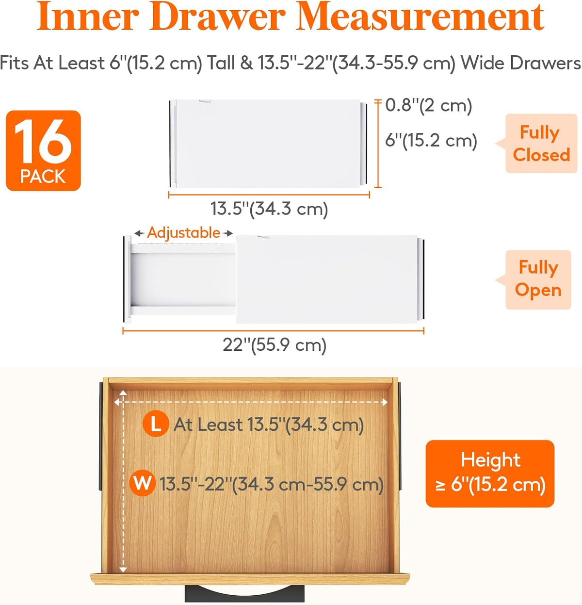 Lifewit 16 Pack Drawer Dividers Plastic 6" High, 13.5-22" Adjustable Drawer Organizers for Clothes