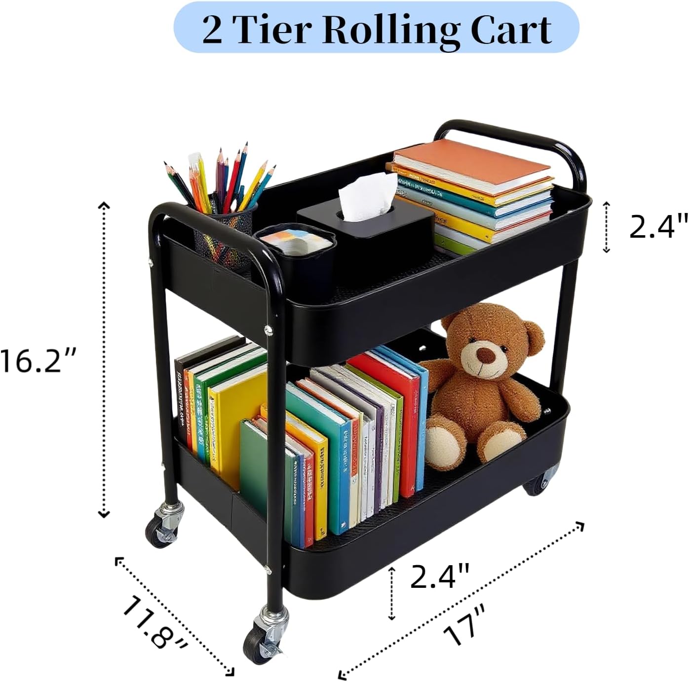 2 Tier Rolling Cart with Wheels for Under Desk Storage & Pantry Storage, Large Capacity Laundry
