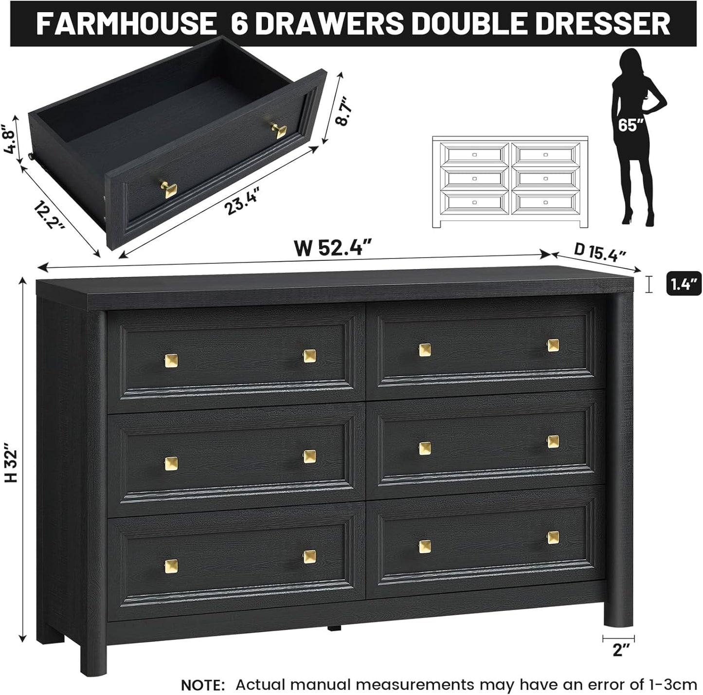 Black Dresser, Farmhouse 6 Drawer Dresser for Bedroom, 52 inch Wide Dressers with Deep Drawers