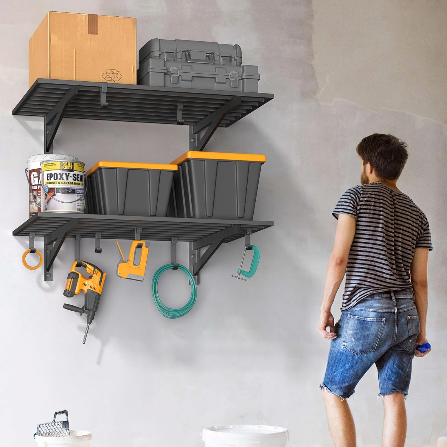 2-Pack 2x3ft Garage Shelving Wall Mounted, 2' x 3' Heavy Duty Garage Storage Shelves with Hooks