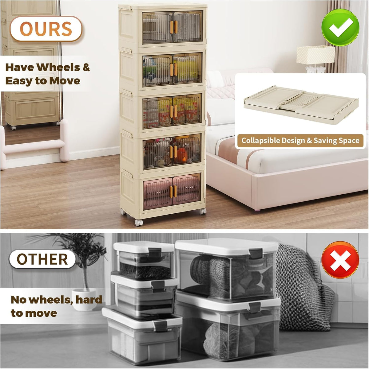 5 Tier Stackable Plastic Storage Bins with Lids 58QT, Collapsible Closet Organizers and Storage