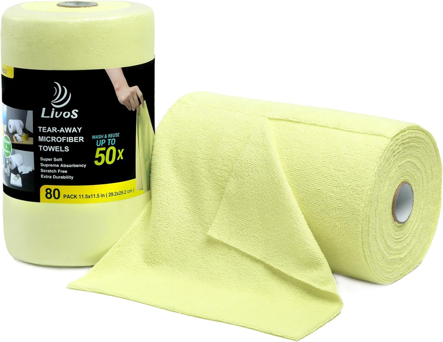 LIVOS Microfiber Cleaning Cloth Roll - 80 Pack, Reusable Paper Towels Tear Away Towels, Microfiber