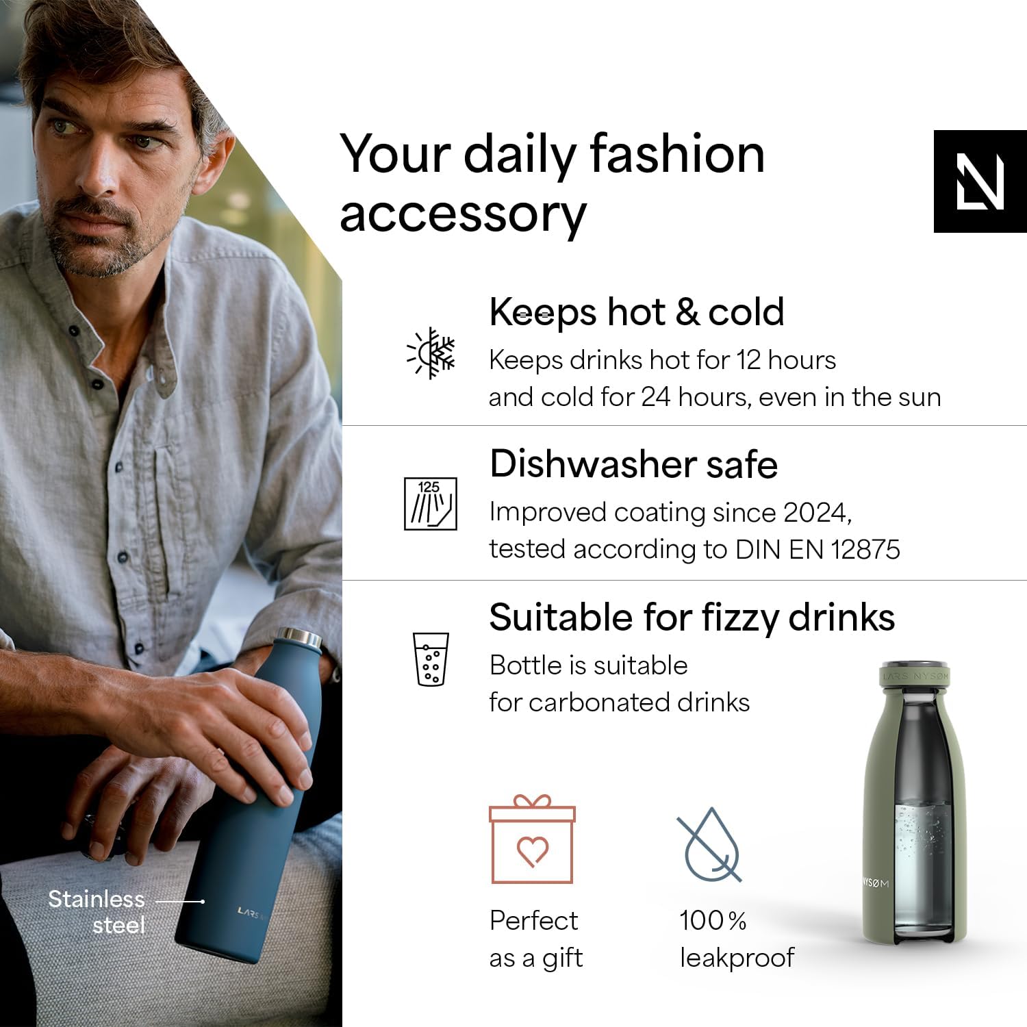 LARS NYSØM Stainless Steel Insulated Water Bottle 12oz 17oz 25oz 34oz 51oz | Insulated Thermo Flask