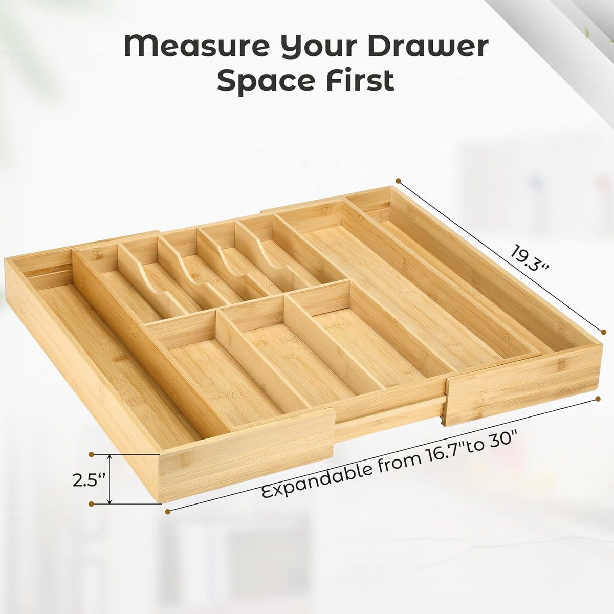 Fabsome Silverware Organizer for Cabinet Drawer, Expandable from 16.7'' to 30'' Wide Bamboo Wood