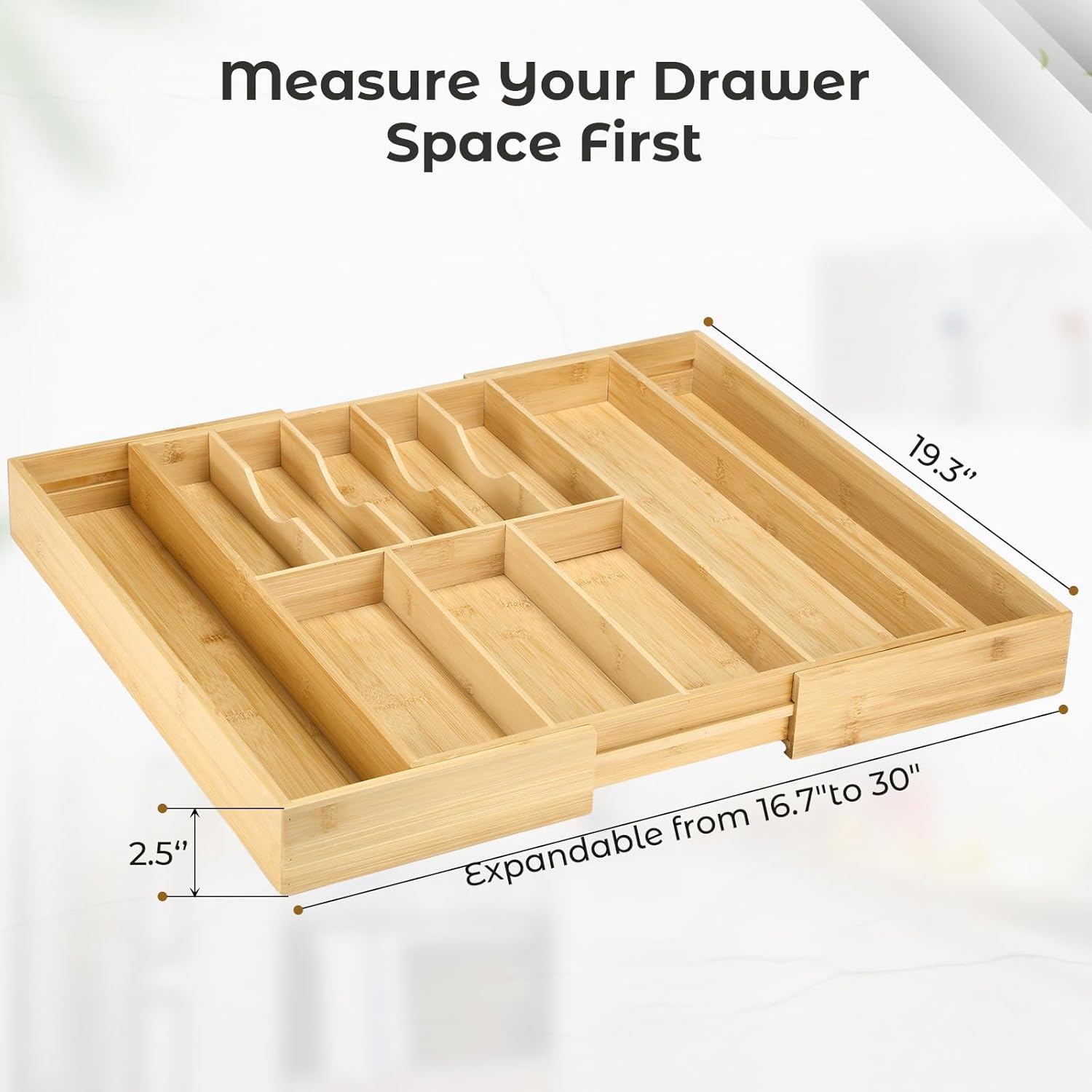 Fabsome Silverware Organizer for Cabinet Drawer, Expandable from 16.7'' to 30'' Wide Bamboo Wood