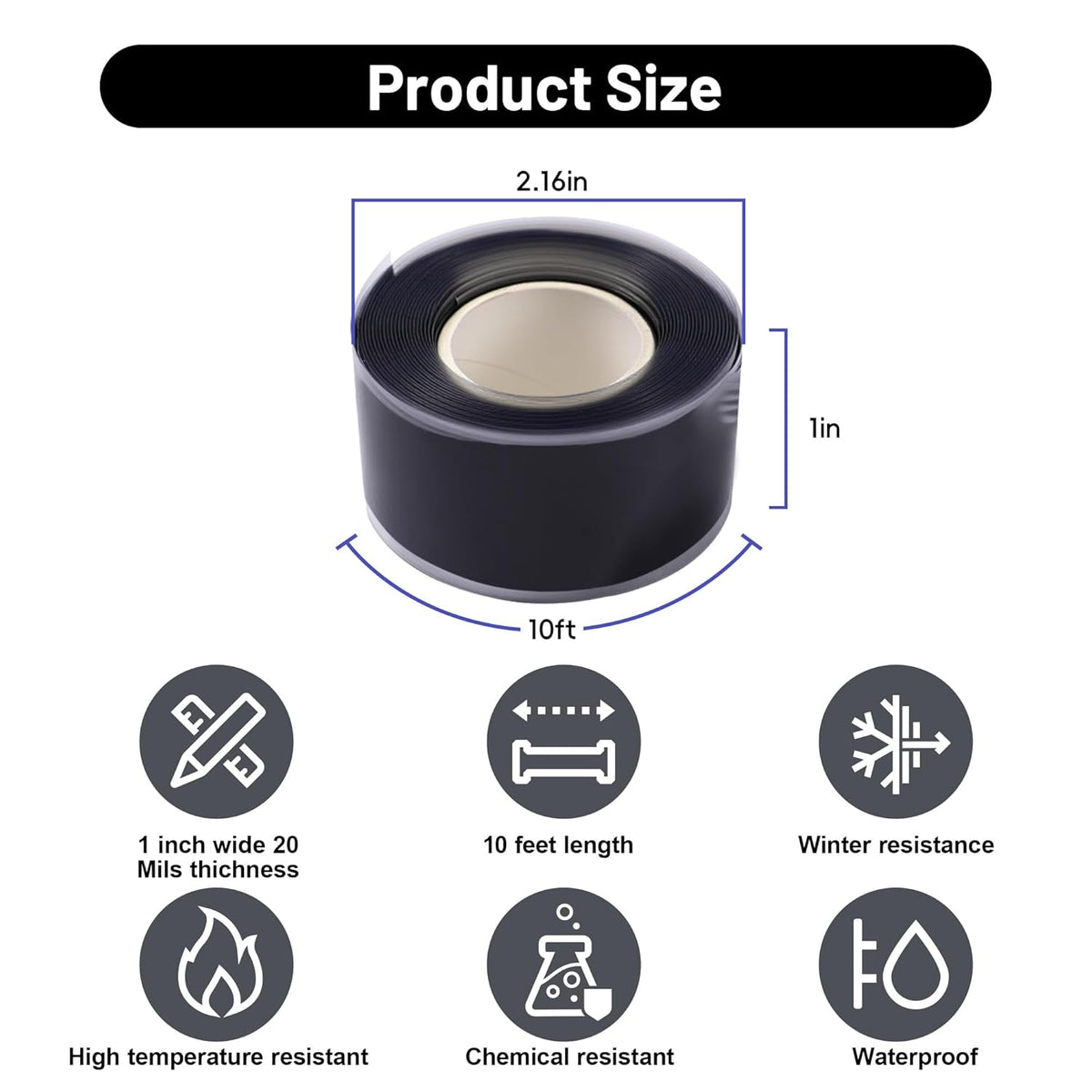Self Fusing Silicone Tape 2 Rolls 1 in x 10' Black Waterproof Rescue Tape Rubber Leak Silicone