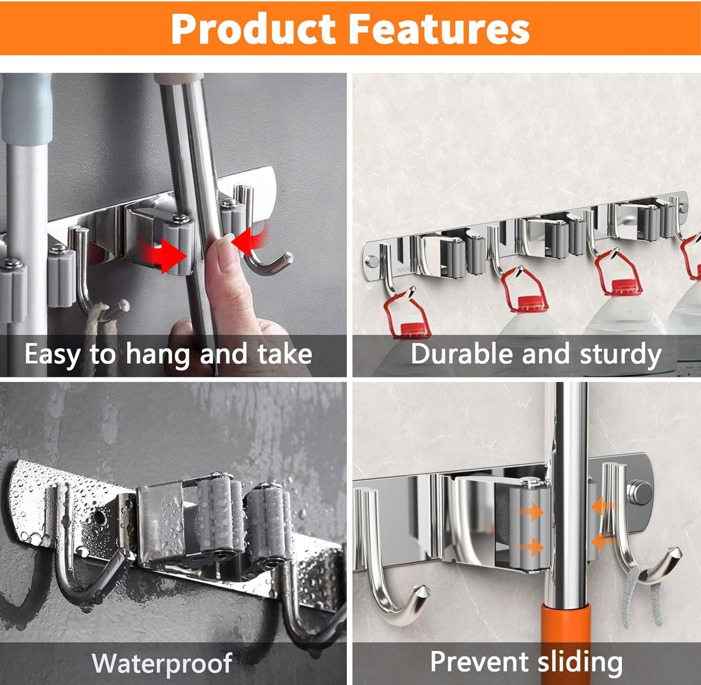Mop and Broom Holder Wall Mount, Upgraded Broom Organizer Wall Mount, Stainless Steel Broom Hanger