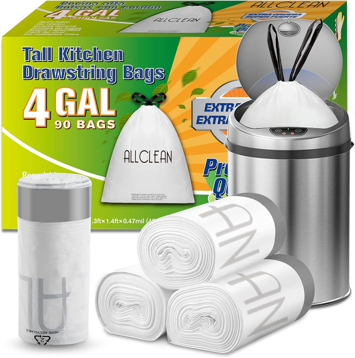 Trash Bags 4 Gallon Small Kitchen Drawstring Bathroom Garbage Bags, Fit 2-4 Gal Bins,Extra