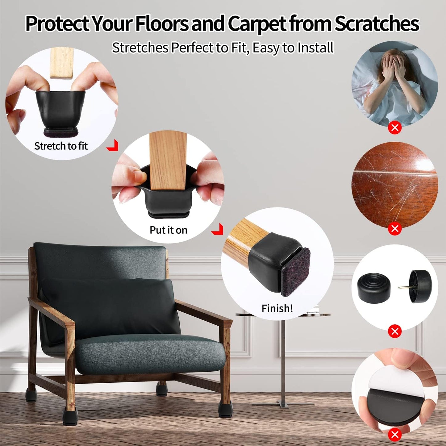 Ezprotekt 24 Pcs Square Silicone Chair Leg Floor Protectors for Wood Floors, Black Felt Furniture