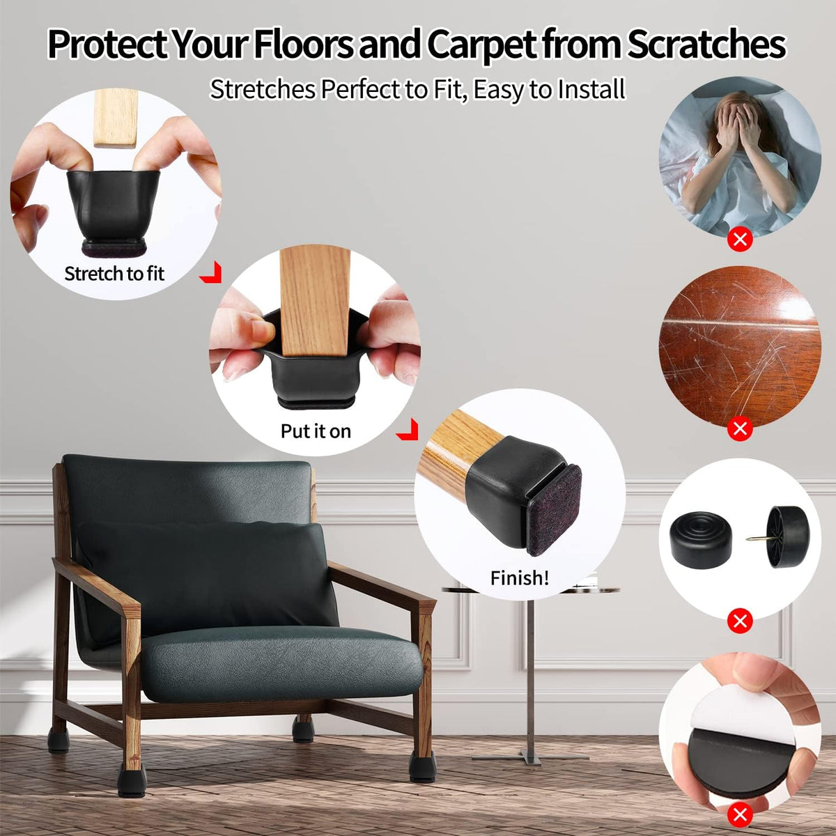 Ezprotekt 24 Pcs Square Silicone Chair Leg Floor Protectors for Wood Floors, Black Felt Furniture