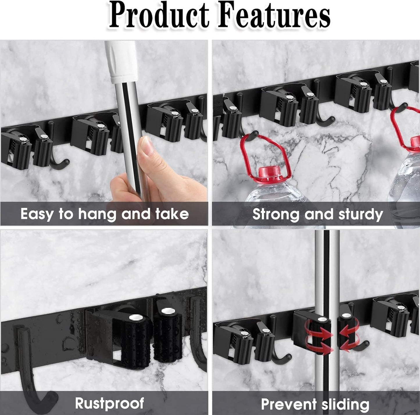 AceMining 2 Pack Black 5 Racks and 4 Hooks Mop and Broom Holder Wall Mount, Broom Organizer Storage