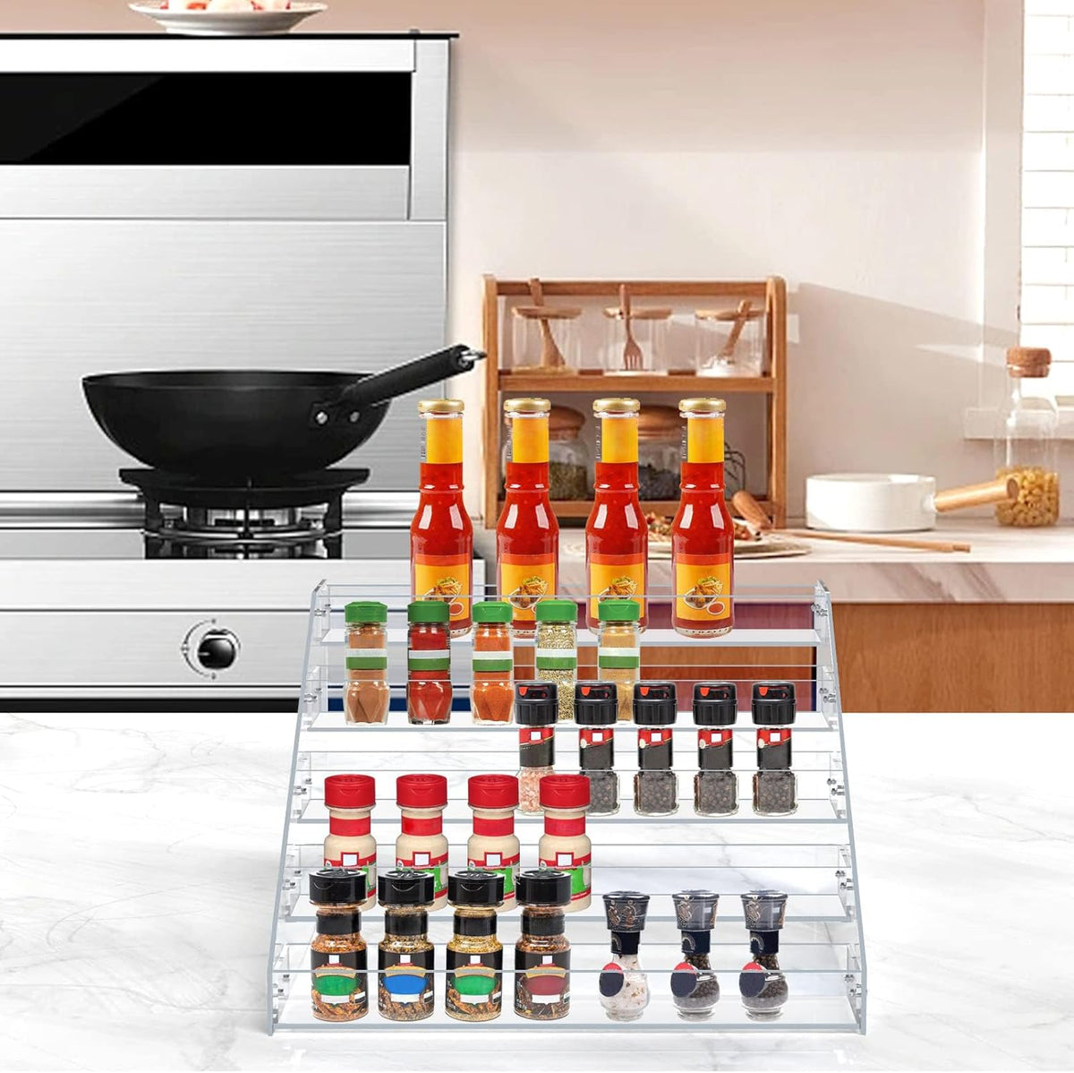 PMMASTO Tiered Spice Rack, Seasoning Organizer, Clear Acrylic Vertical Shelves Can Organizer for