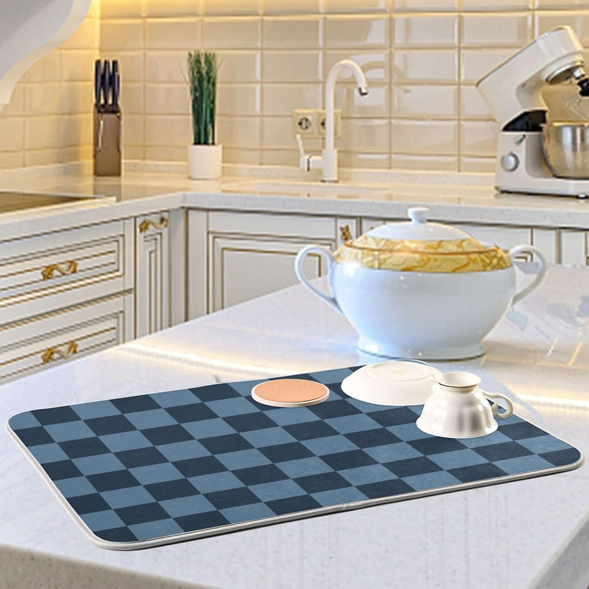 Buffalo Plaid Navy Blue Dish Drying Mat for Kitchen Countertop 18x24 Chessboard Rectangle Large