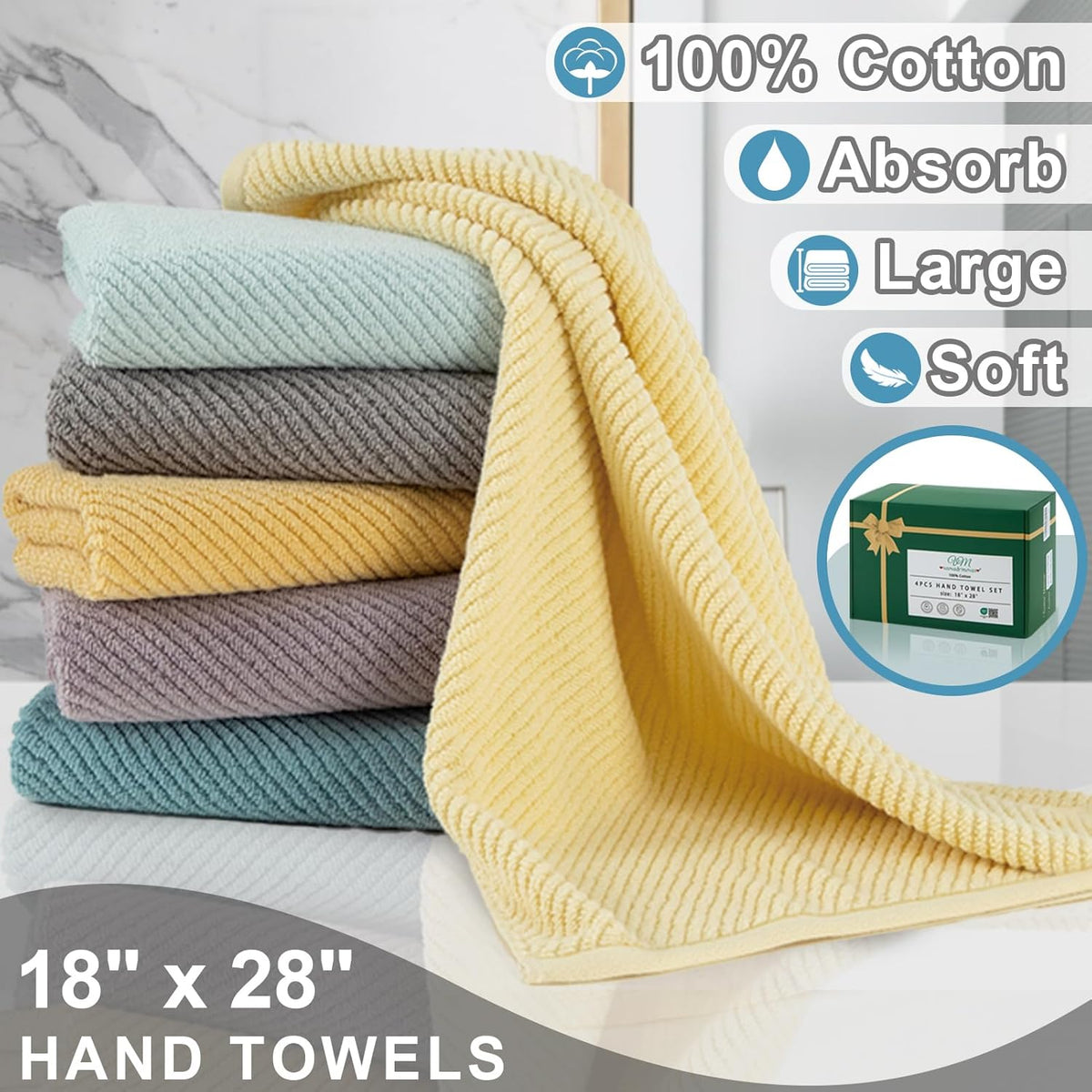 VOOVA & MOVAS Bath Towel Set, 4PC Large 30" x 56" - 100% Cotton | Quick Dry | Thick | Light Weight