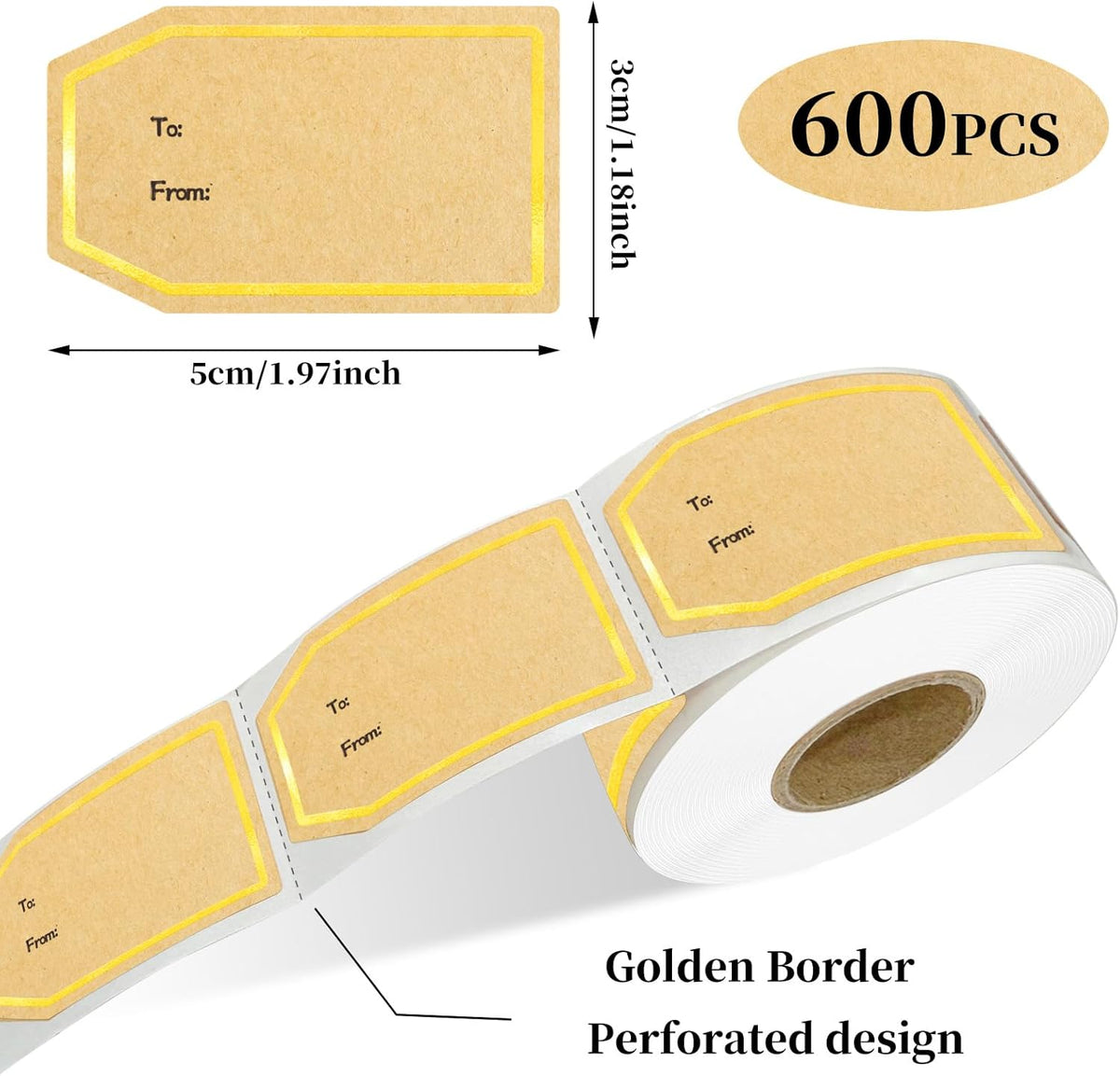 600PCS Gift Tag Stickers, 1.18" x 2" Gold Border Christmas Gift Tags Stickers, Brown Kraft to and