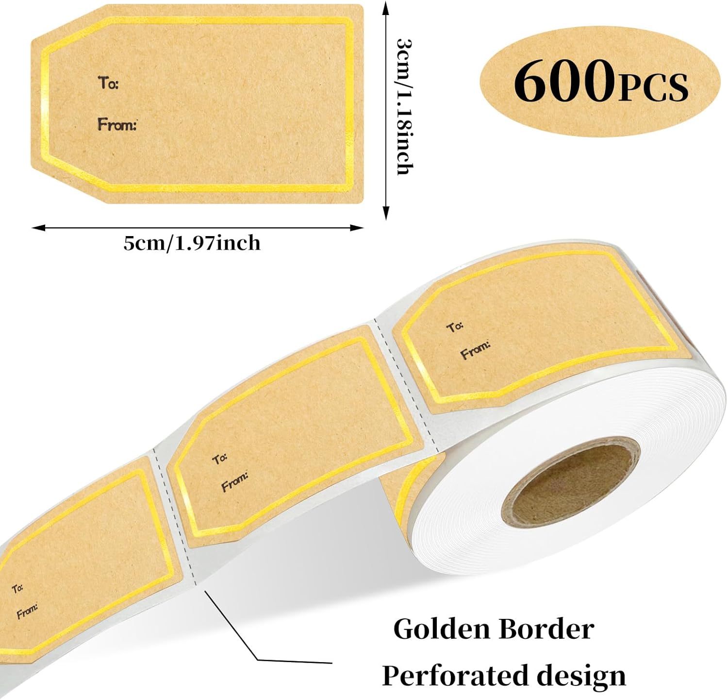 600PCS Gift Tag Stickers, 1.18" x 2" Gold Border Christmas Gift Tags Stickers, Brown Kraft to and
