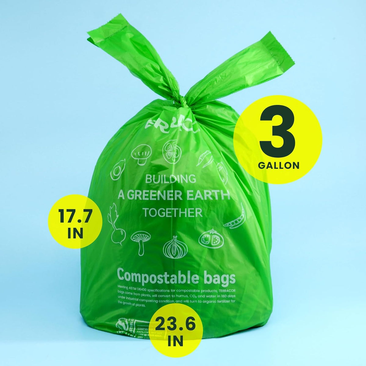 Compost Bags, 3 Gallon Compostable Food Scrap Bags Handle Tie,200 Count (Pack of 2),Certified by