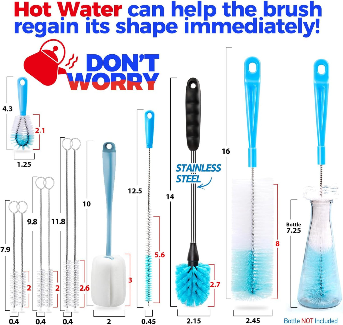 Holikme Bottle Brush Tube Cleaning Lab Set with Long Handle, Cup Cleaner for Washing Narrow Neck