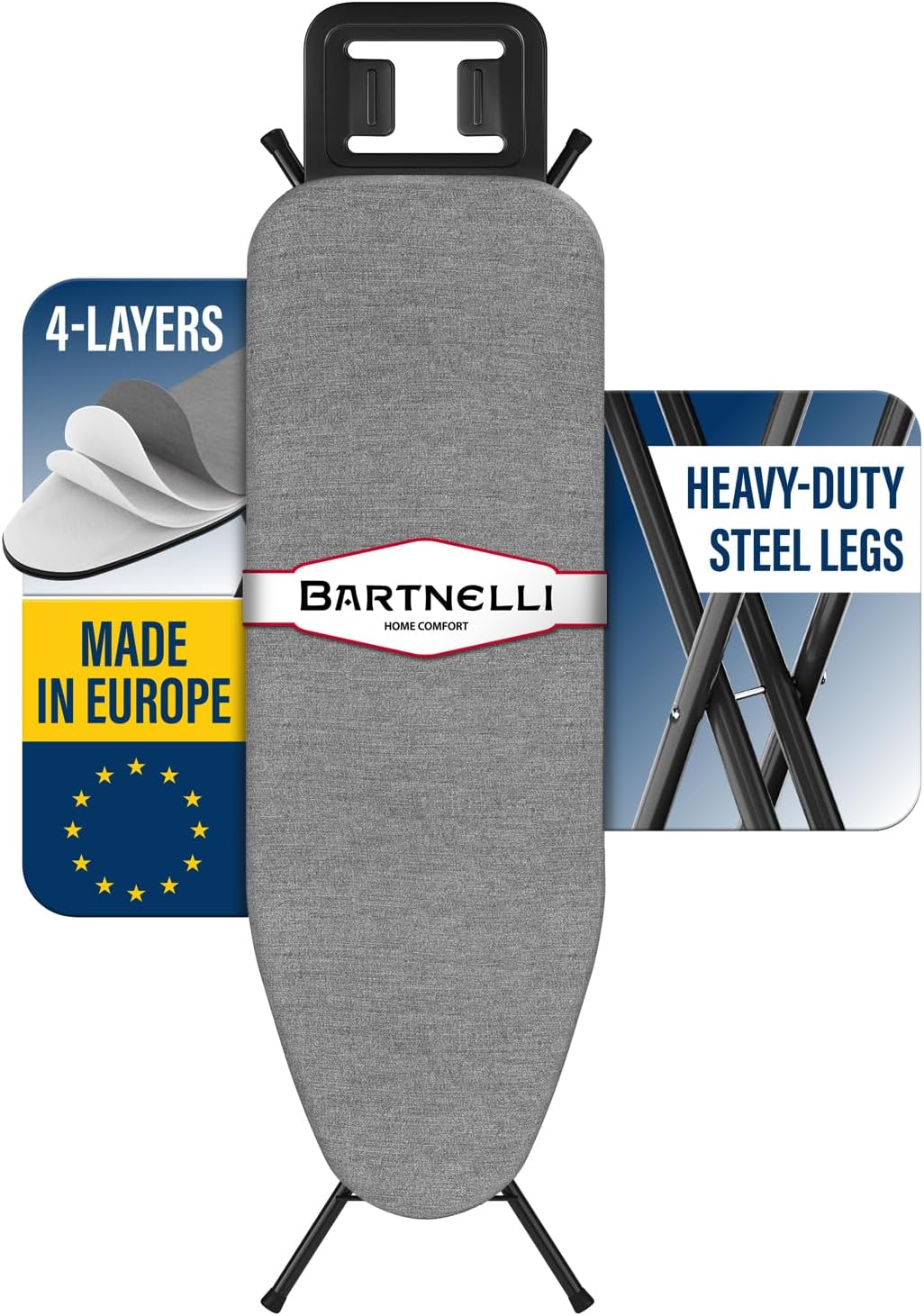 Bartnelli by Rorets Ironing Board Made in Europe | Iron Board with 4 Layered Cover & Pad, Height