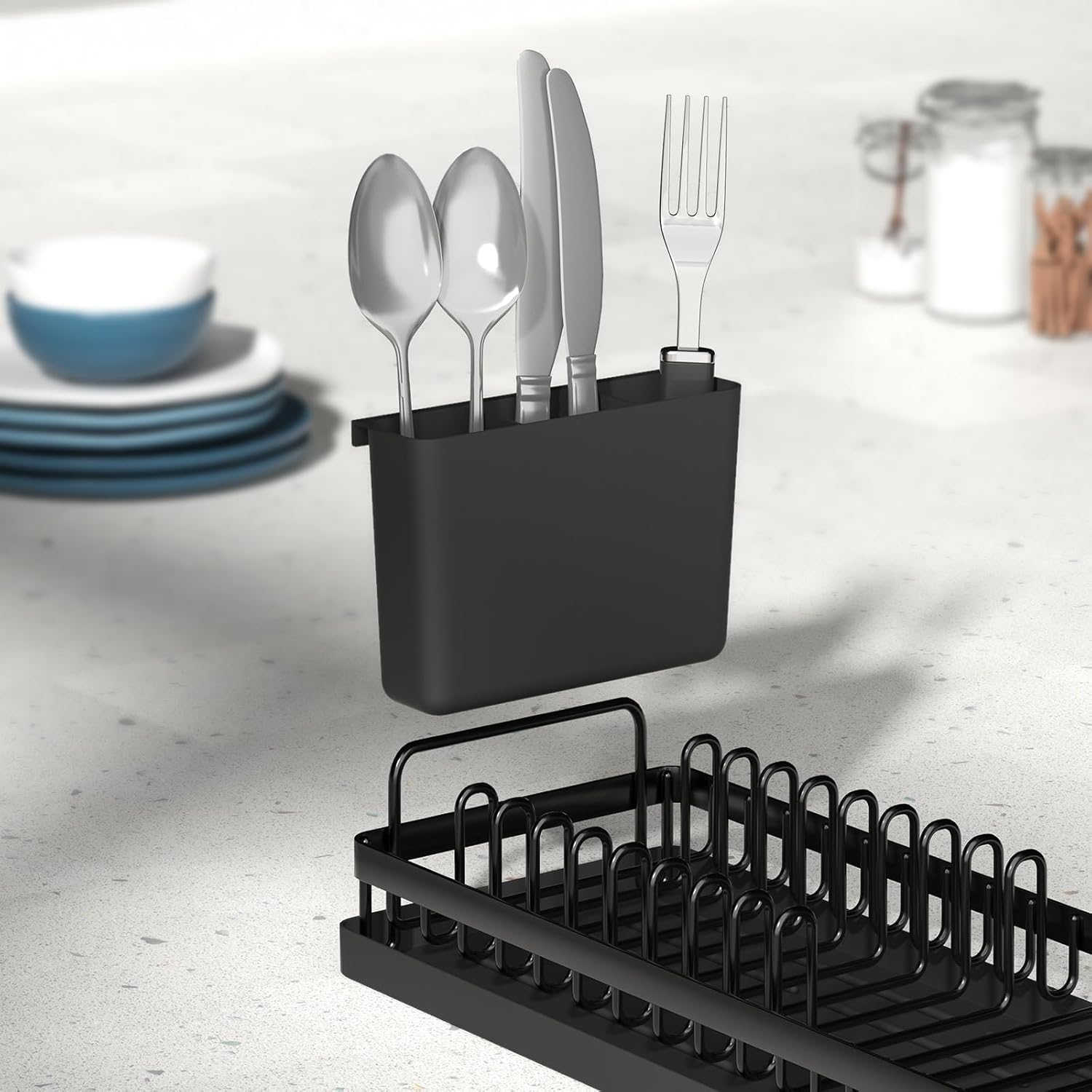 Small Dish Drying Rack, Compact Sink Dish Drainer Plate Organizer with Utensil Holder and 2pcs