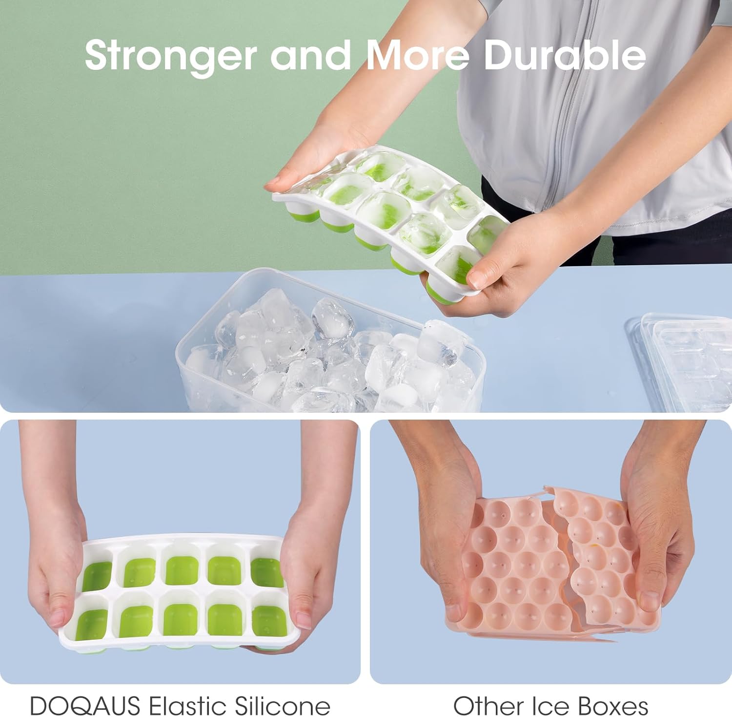 DOQAUS Ice Cube Tray with Lid and Bin, 4 Pack Silicone Plastic Ice Cubes Trays for Freezer with