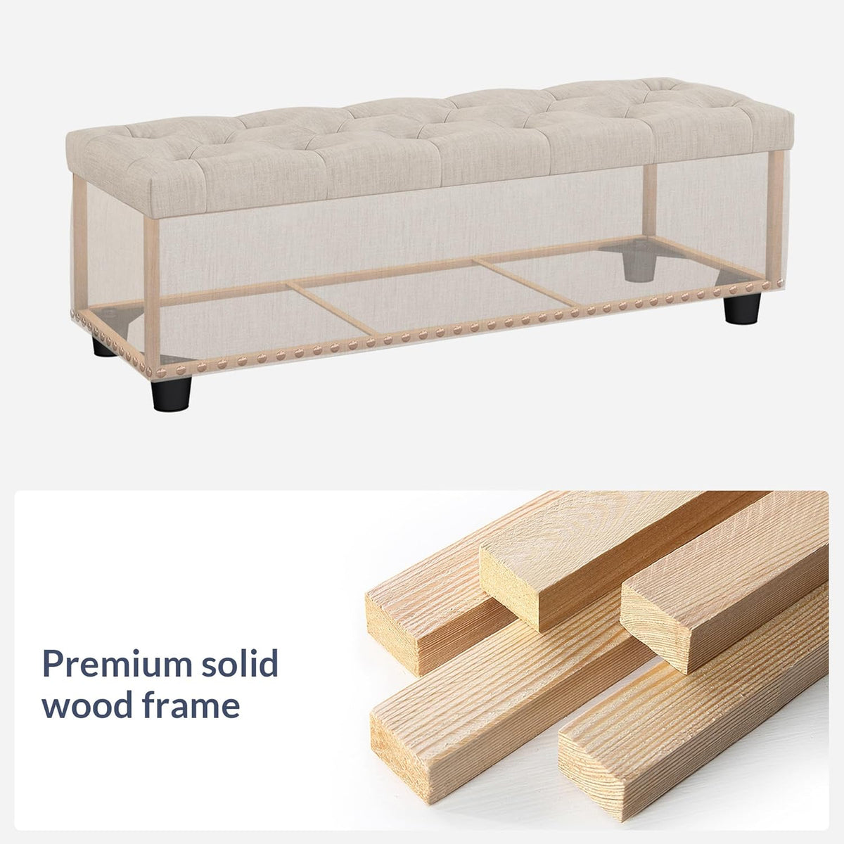 BELLEZE 47" Storage Ottoman, Storage Bench with Safety Close Hinge, Linen Button-Tufted Ottoman for