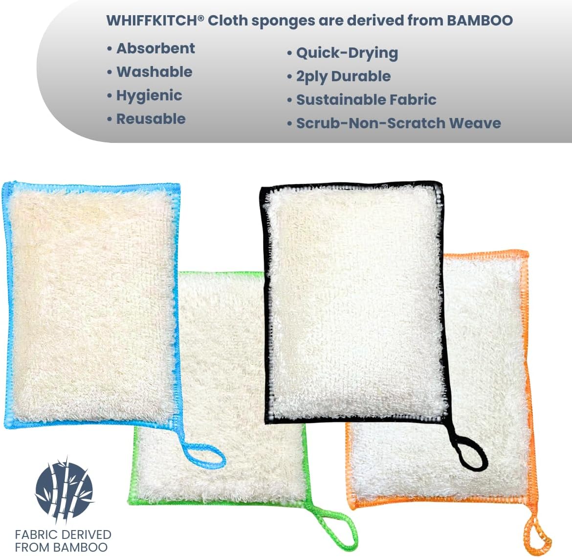 Whiffkitch Bamboo Fiber Kitchen Sponges – Washable Multicolor Non Scratch Dish Sponge Set for Sink