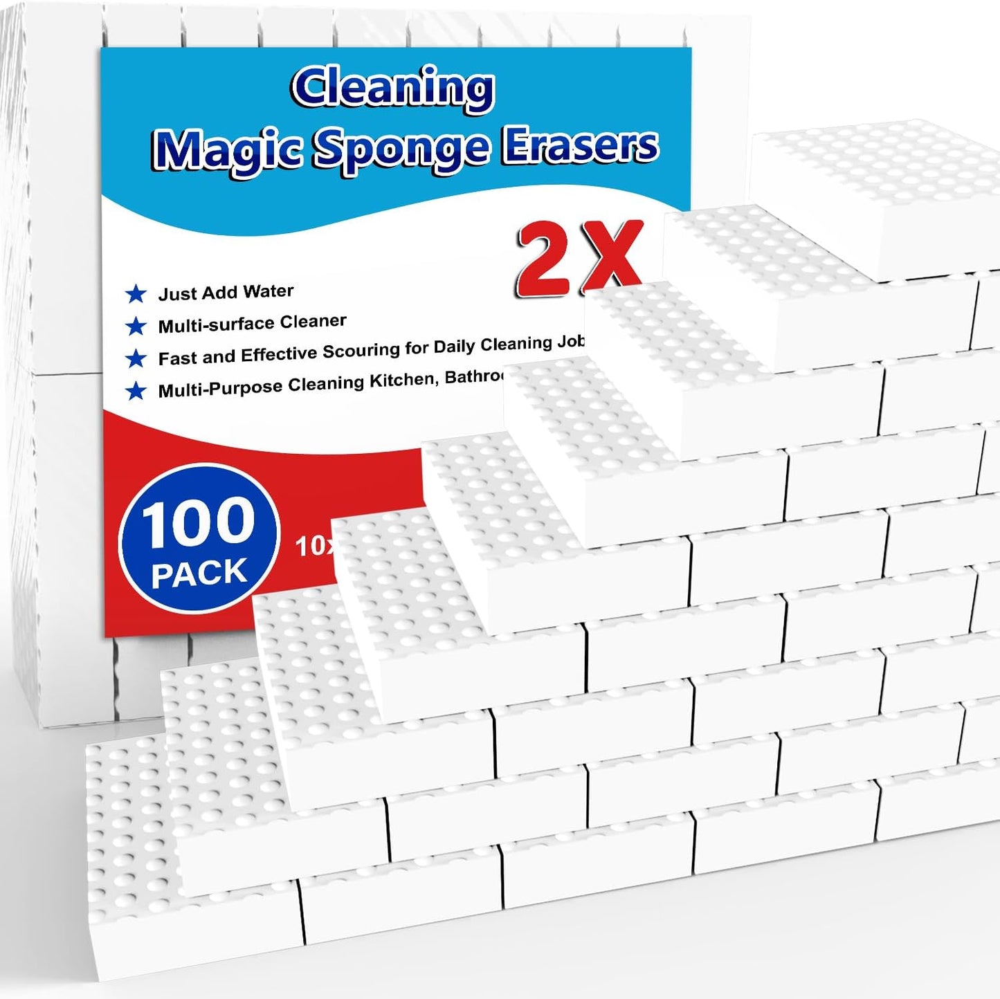 Magic Sponge Erasers, 100 Pack 2X Density Stronger Melamine Sponge Foam Pads, Multi-Functional