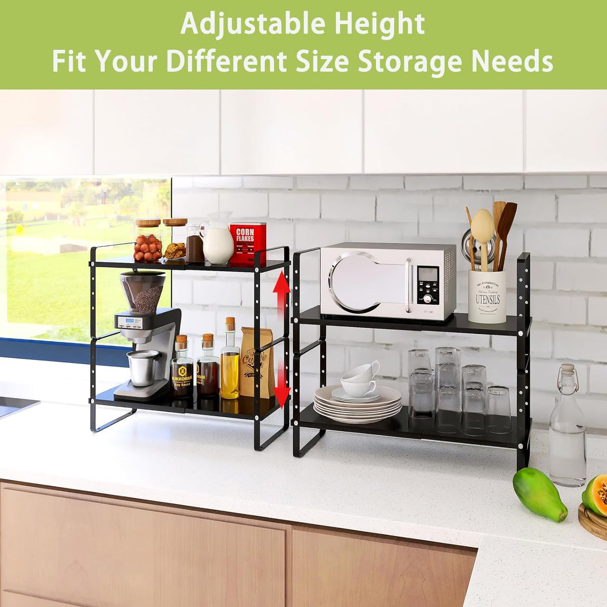 Expandable Cabinet Shelf Organizer Rack, Stackable Kitchen Countertop Organizer Storage Shelves