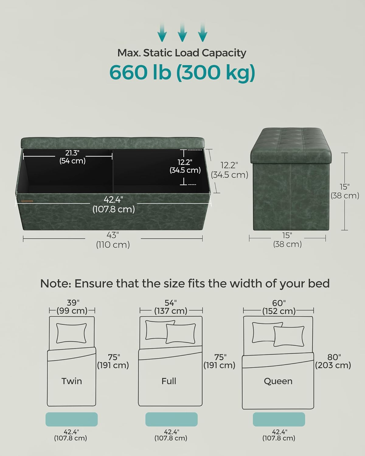 SONGMICS Mazie Collection - 43 Inches Folding Storage Ottoman Bench, Ottoman with Storage, Foot