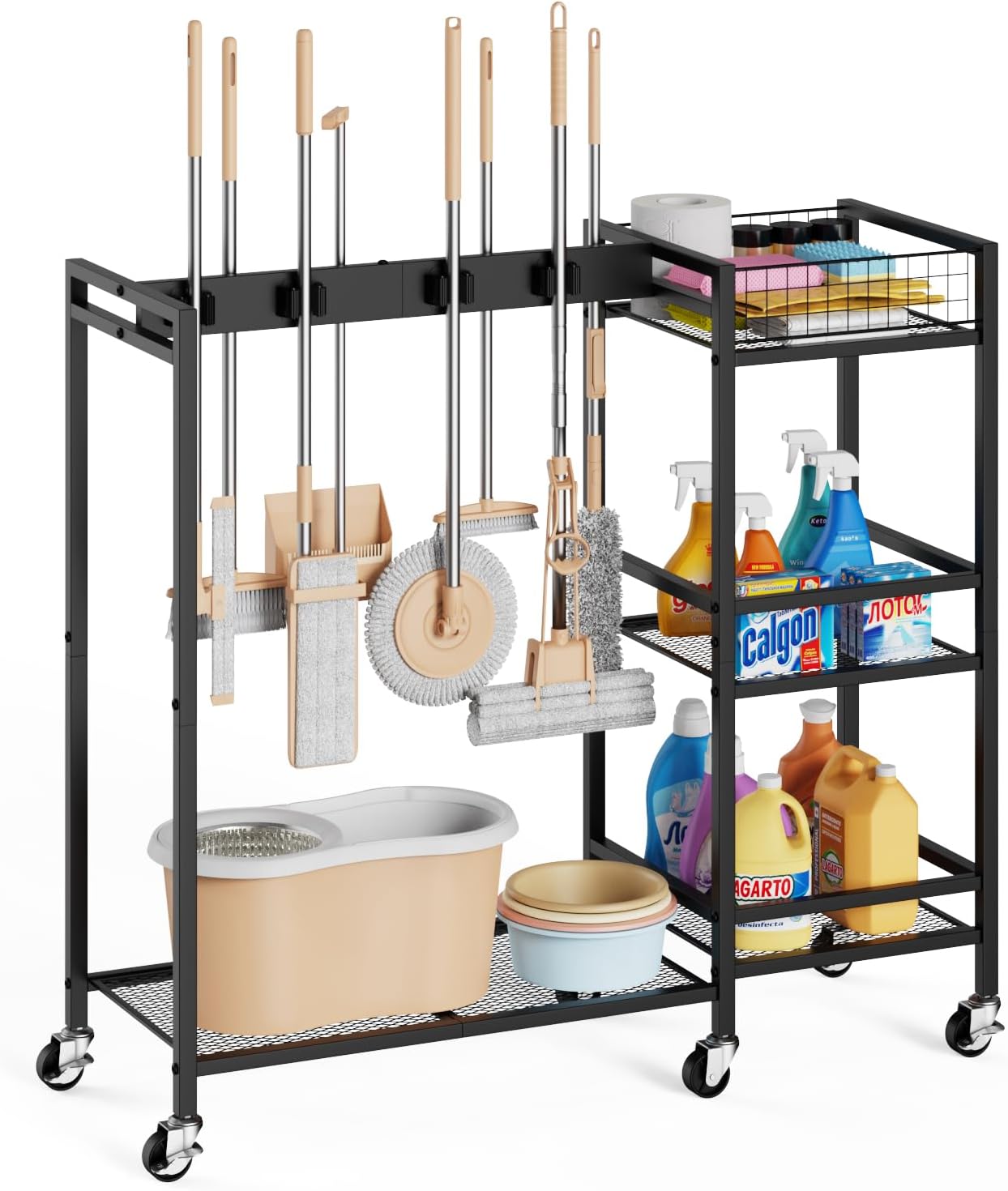 Broom Holder with Cleaning Supplies Organizer, Movable Broom Closet Storage Cabinet with Cleaning