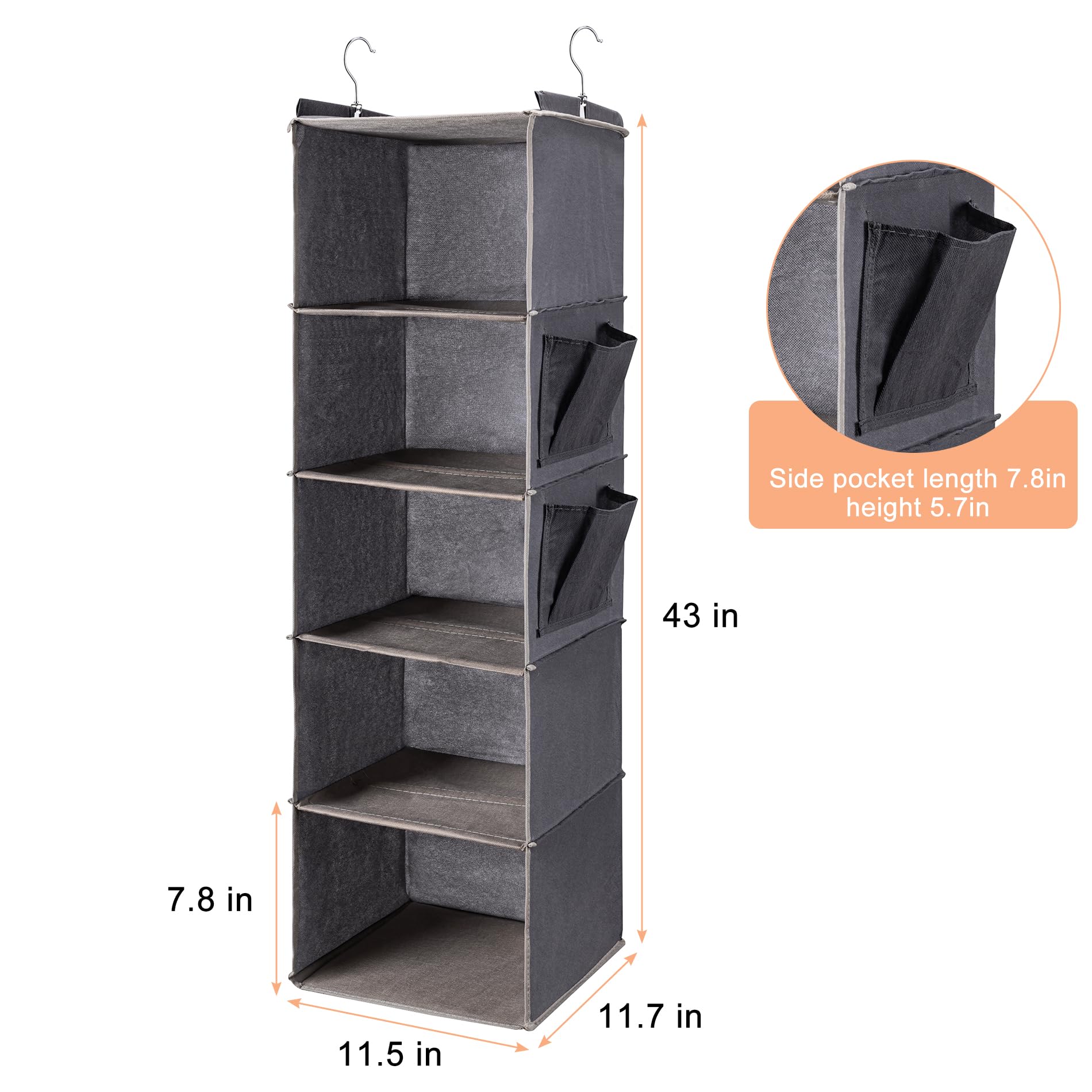 BOOMIBOO Hanging Closet Organize and Shelves，5-Hanging Shelf with 2 Side Pockets，Storage Foldable