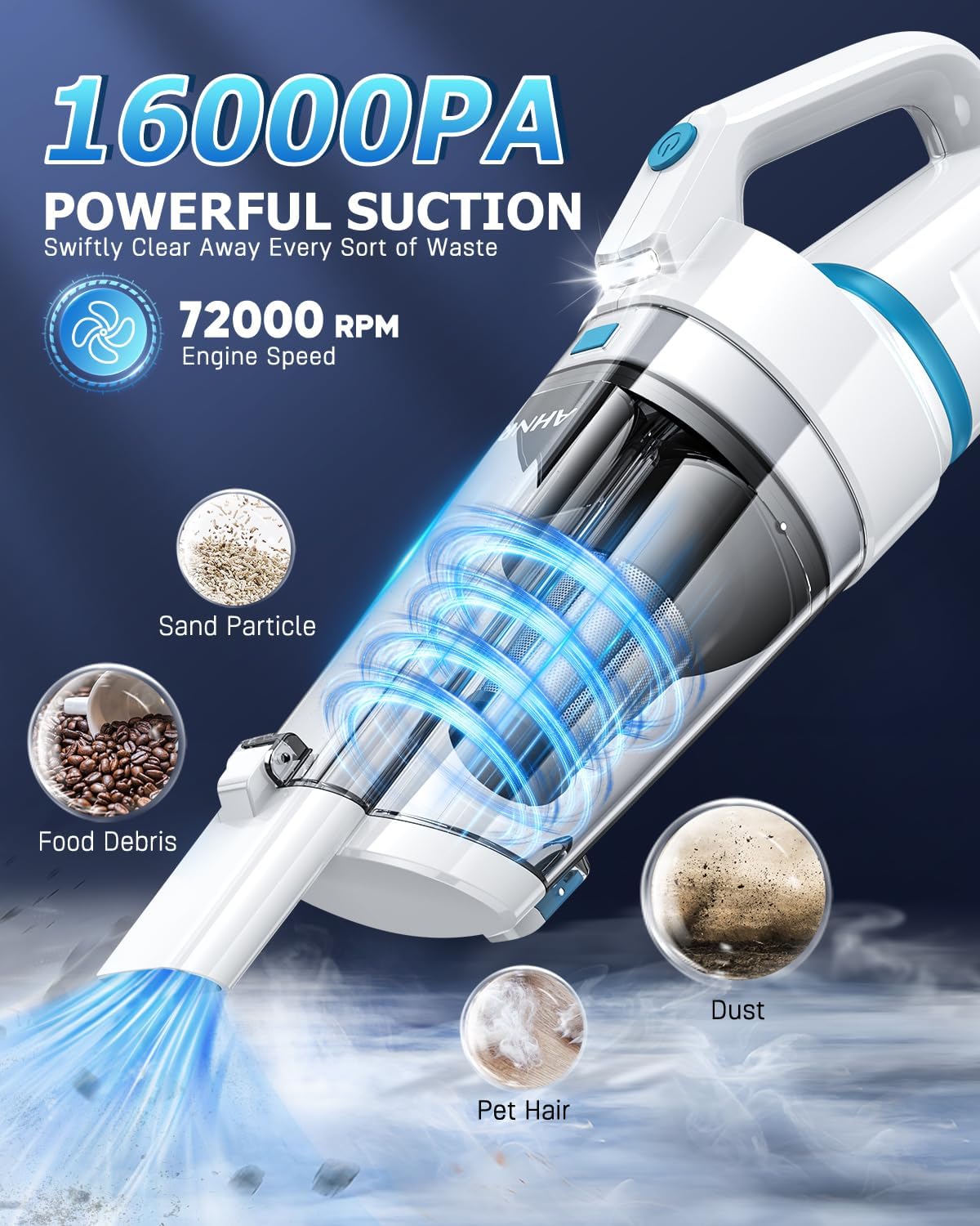 AHNR Handheld Vacuum Cordless, 16000PA Powerful Suction Hand Held Vacuum Dust Busters Cordless