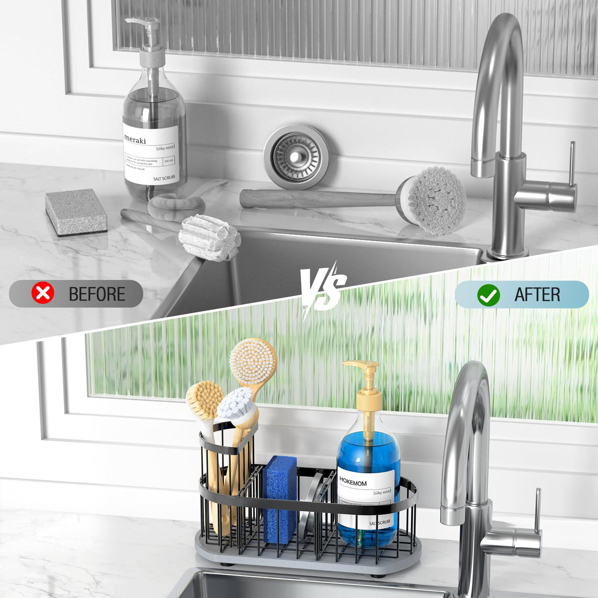 Sink Caddy Kitchen Sink Organizer, Sponge & Brush Holder, Stone Drying Mat