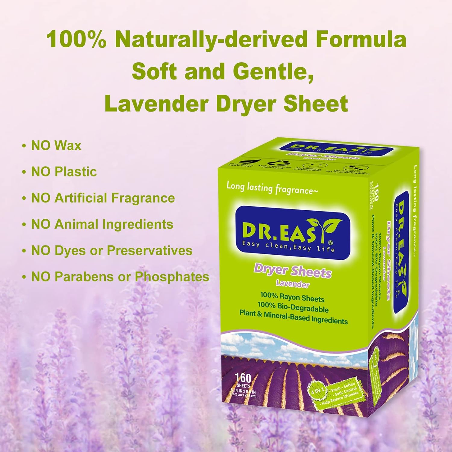 Dr.Easy Dryer Sheets Lavender Plant Based all ingredients for Sensitive Skin 160 Ct 100% Rayon