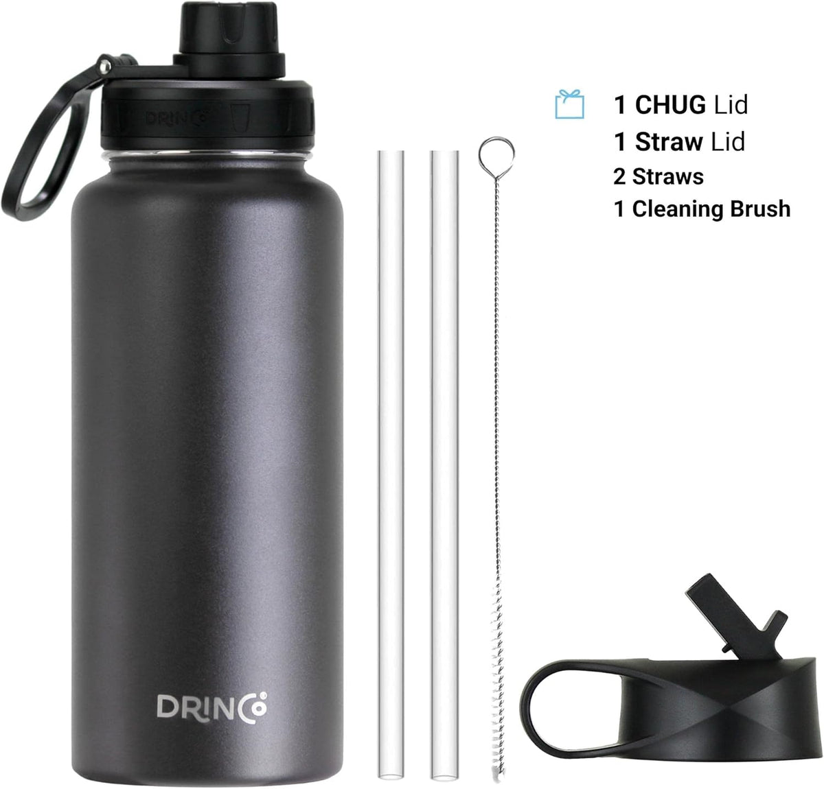 DRINCO Stainless Steel Water Bottle Spout Lid Vacuum Insulated Double Wall Water Bottle Wide Mouth