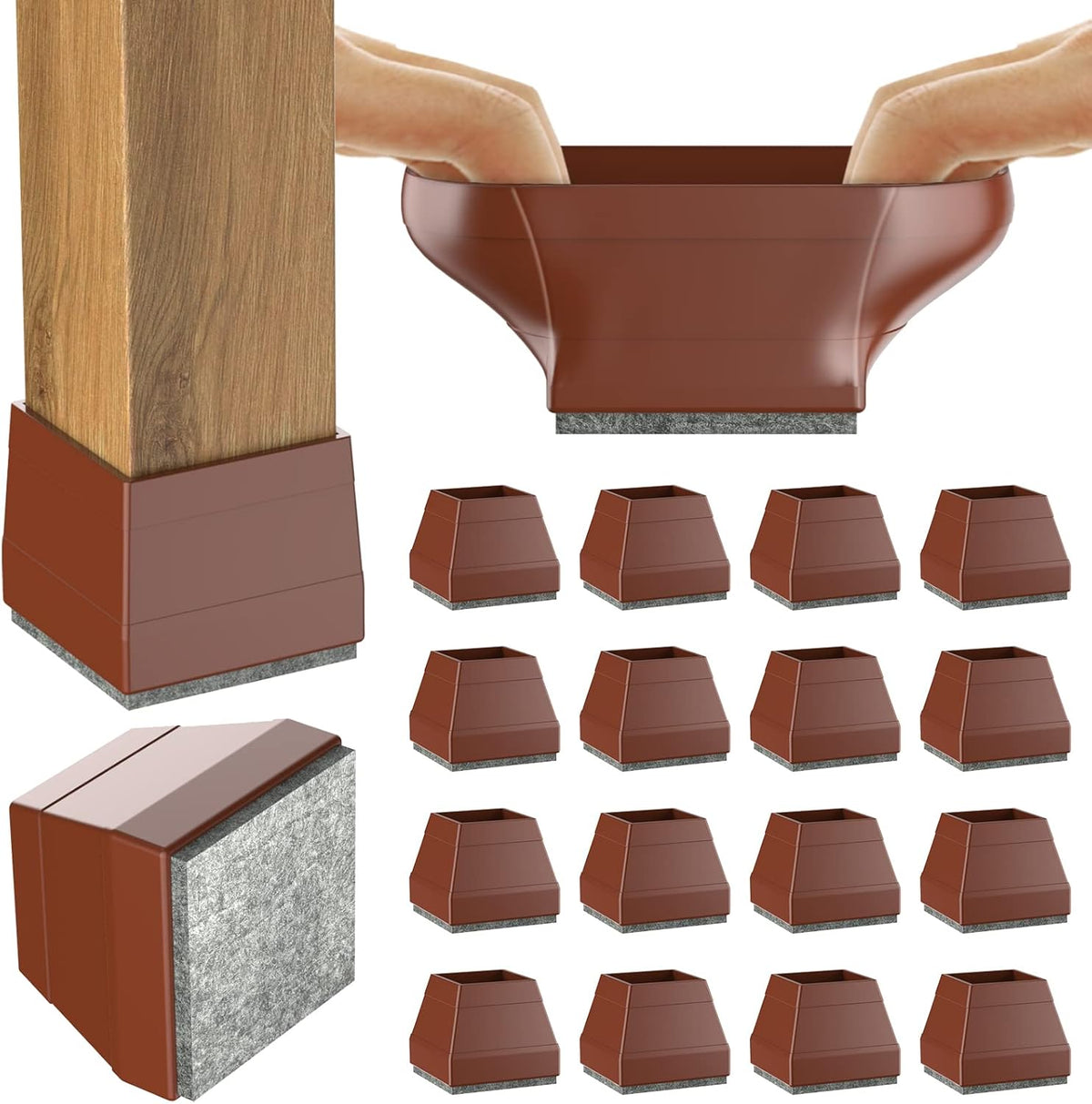 Square Chair Leg Protectors for Hardwood Floors, 16 Pcs Silicone Felt Furniture Leg Cover,(Brown 1