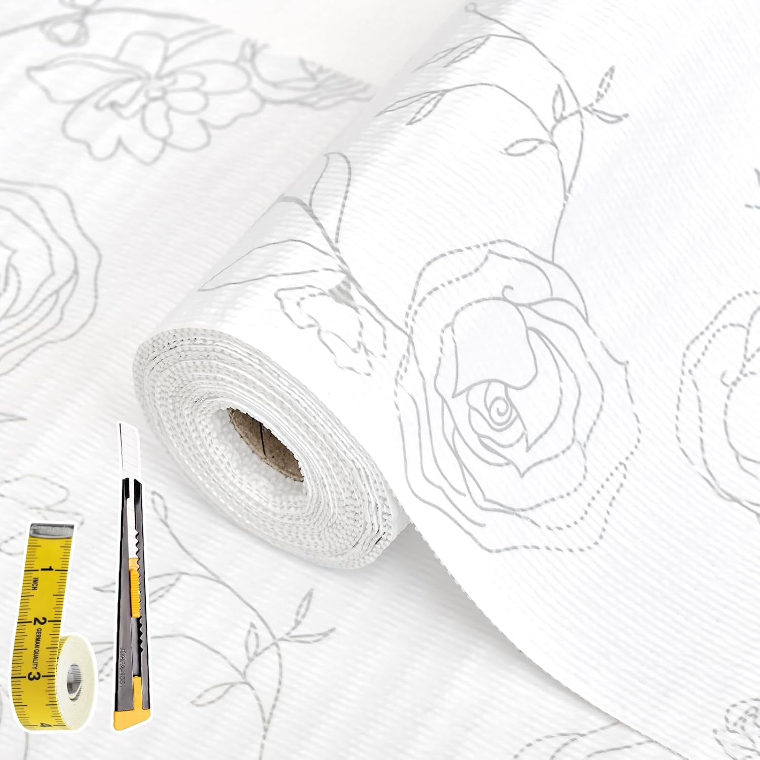 Shelf Liners for Kitchen Cabinets 12in x 20FT Non Adhesive Drawer Liner Sliver Floral Thickened