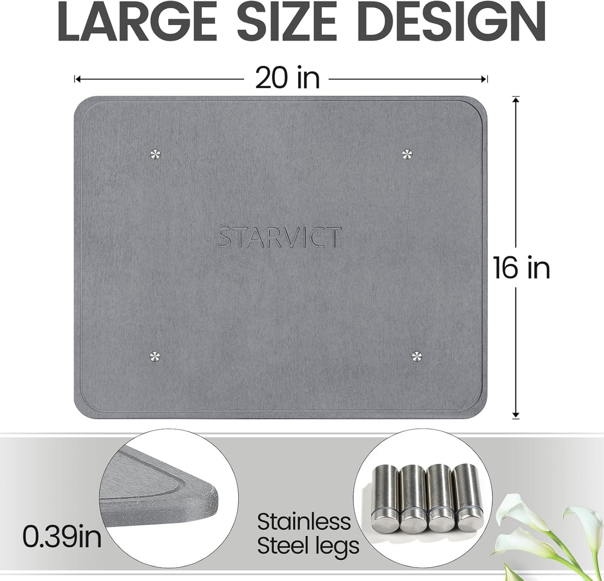 Large Stone Dish Drying Mats for Kitchen Counter,20"(L)×16"(W) Diatomaceous Earth Stone Mat With