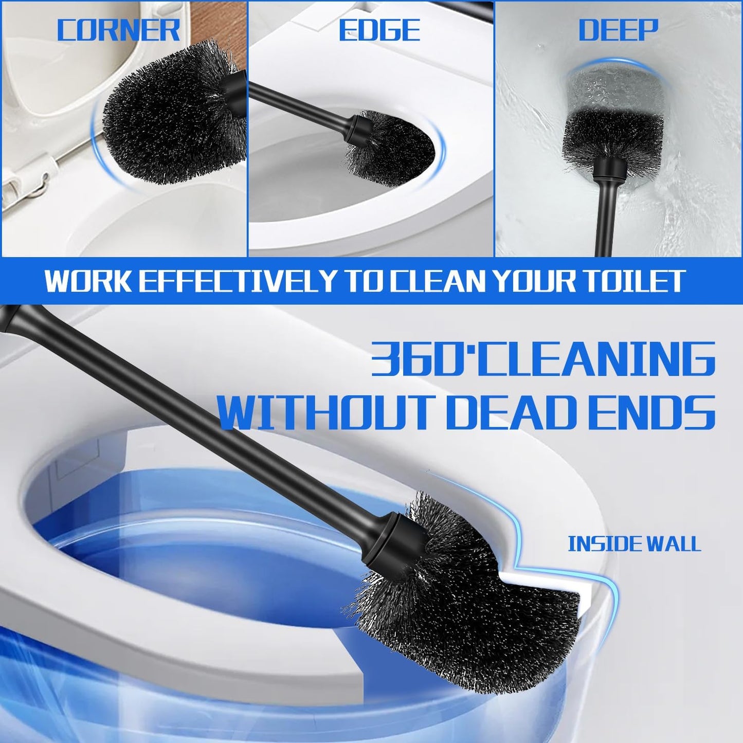 Toilet Brush and Holder 2 Pack with Long Handle - Non-Slip Grip Toilet Bowl Brush Set for Deep
