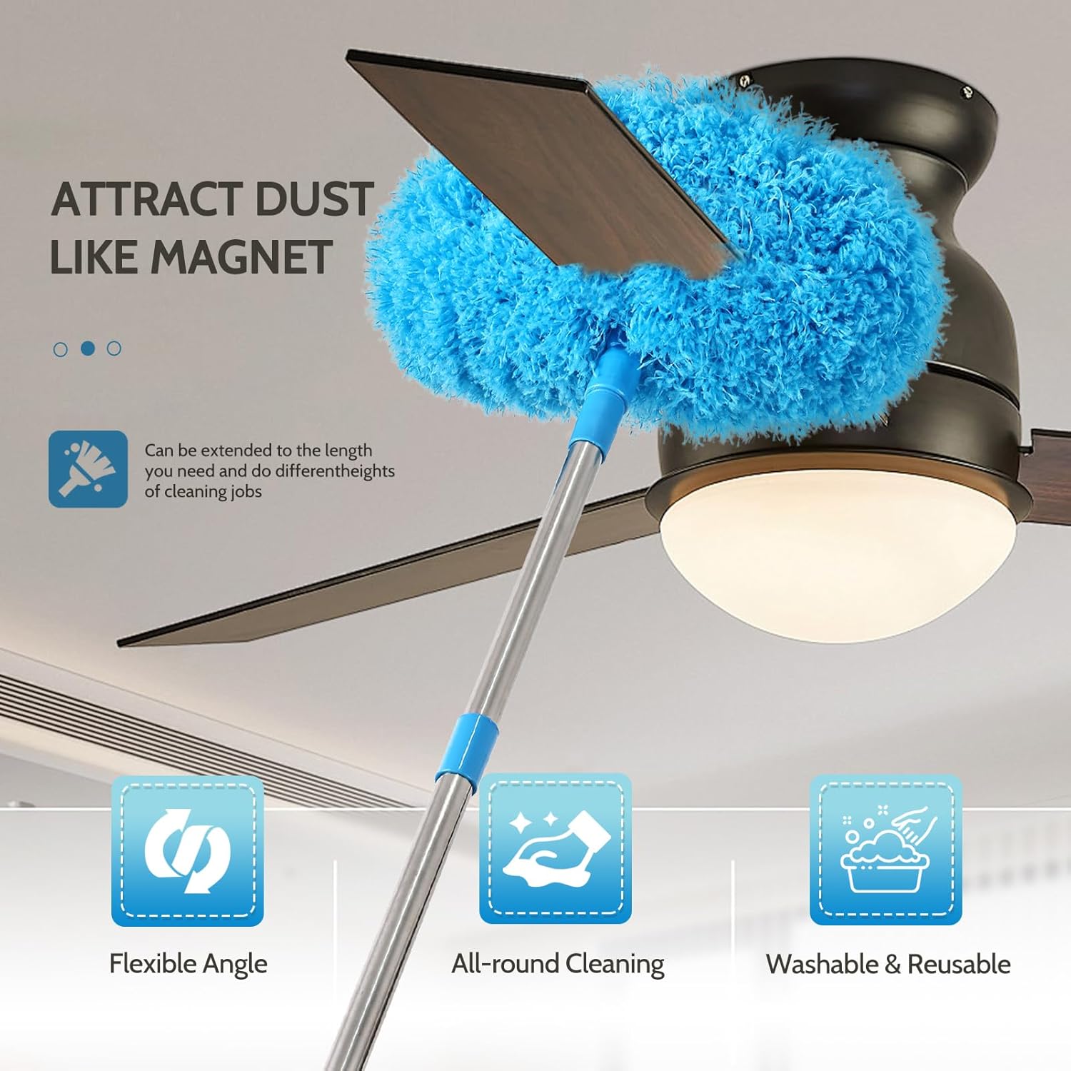 Ceiling Fan Cleaner Duster Reusable Microfiber Removable Duster with Extension Pole Adjusts 12 to